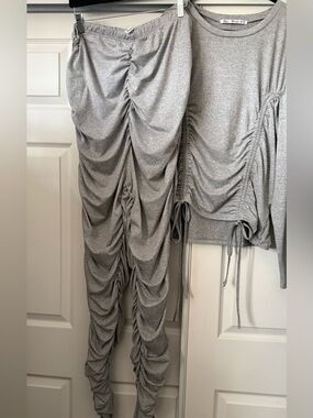 Plus size gray Ruched Two-Piece Set - Long Sleeve Top & Matching Pants